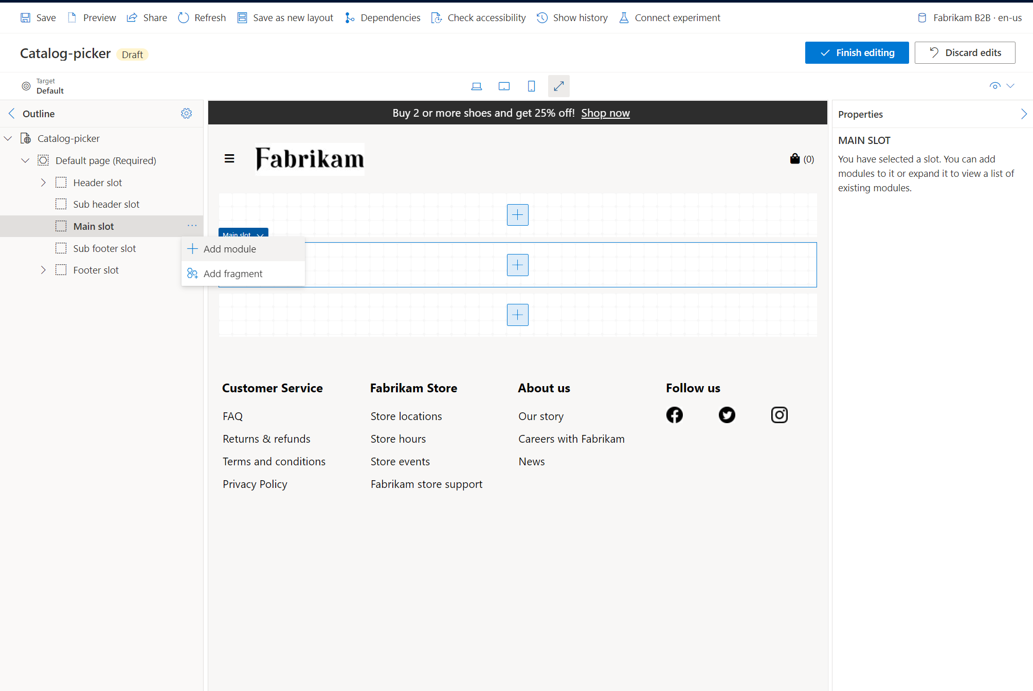 Adding a module to the Main slot under Catalog picker.