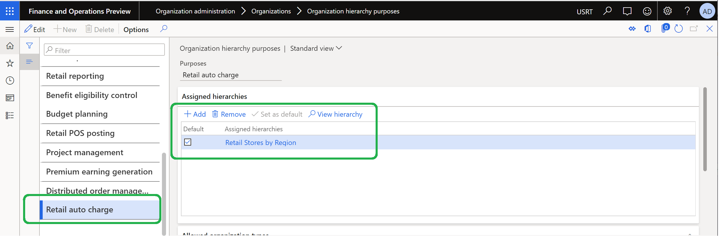 Configuration of the Retail auto charge organization hierarchy purpose.