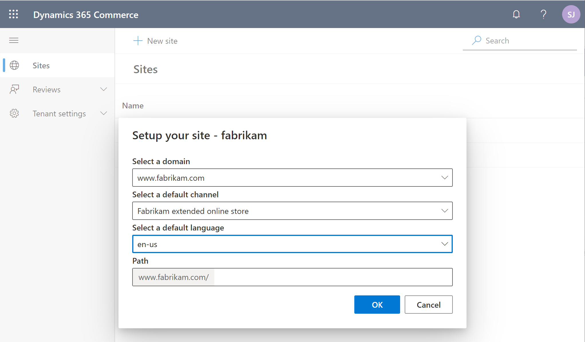 Site initialization dialog box in Commerce site builder.