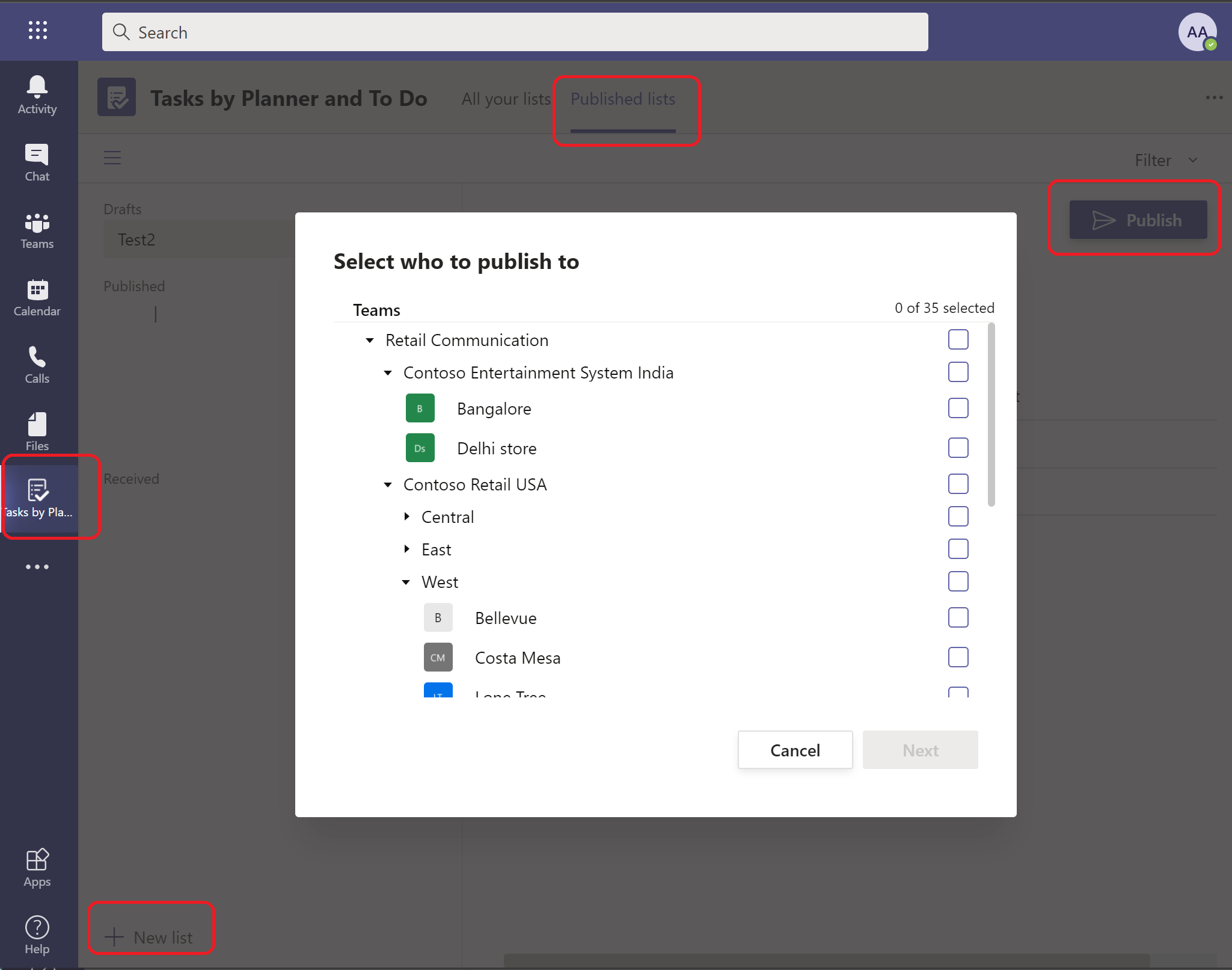 Example of an organizational hierarchy in the Select who to publish to dialog box.