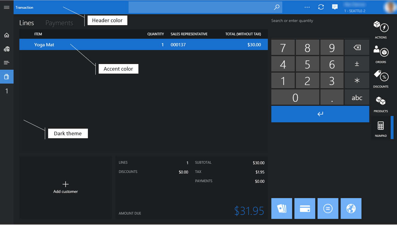 POS Transaction screen with Dark theme.