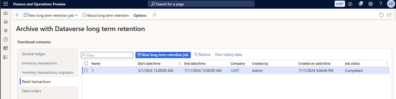 Screenshot that shows a completed archive job for retail in the Archive with Dataverse long term retention workspace.