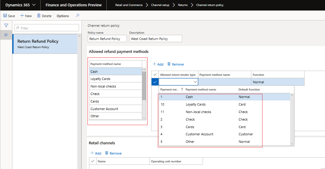 Set allowed payment methods per payment typ.