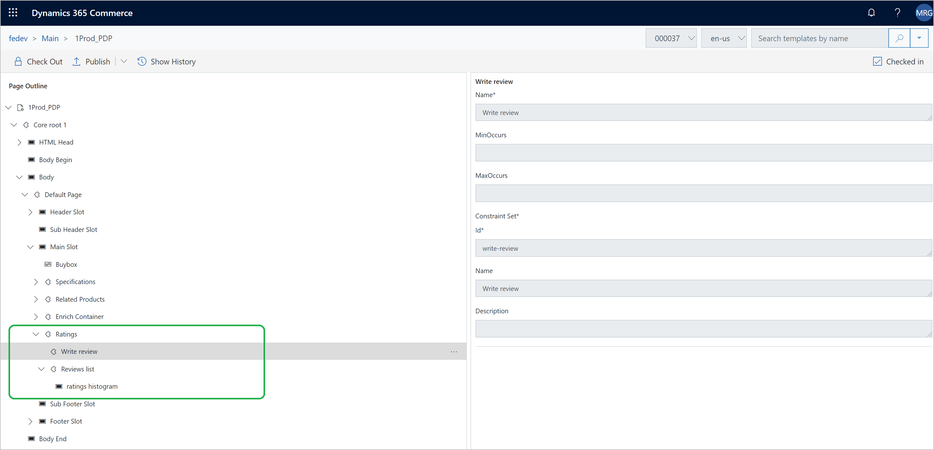 PDP template when ratings and reviews are configured for display on PDPs.