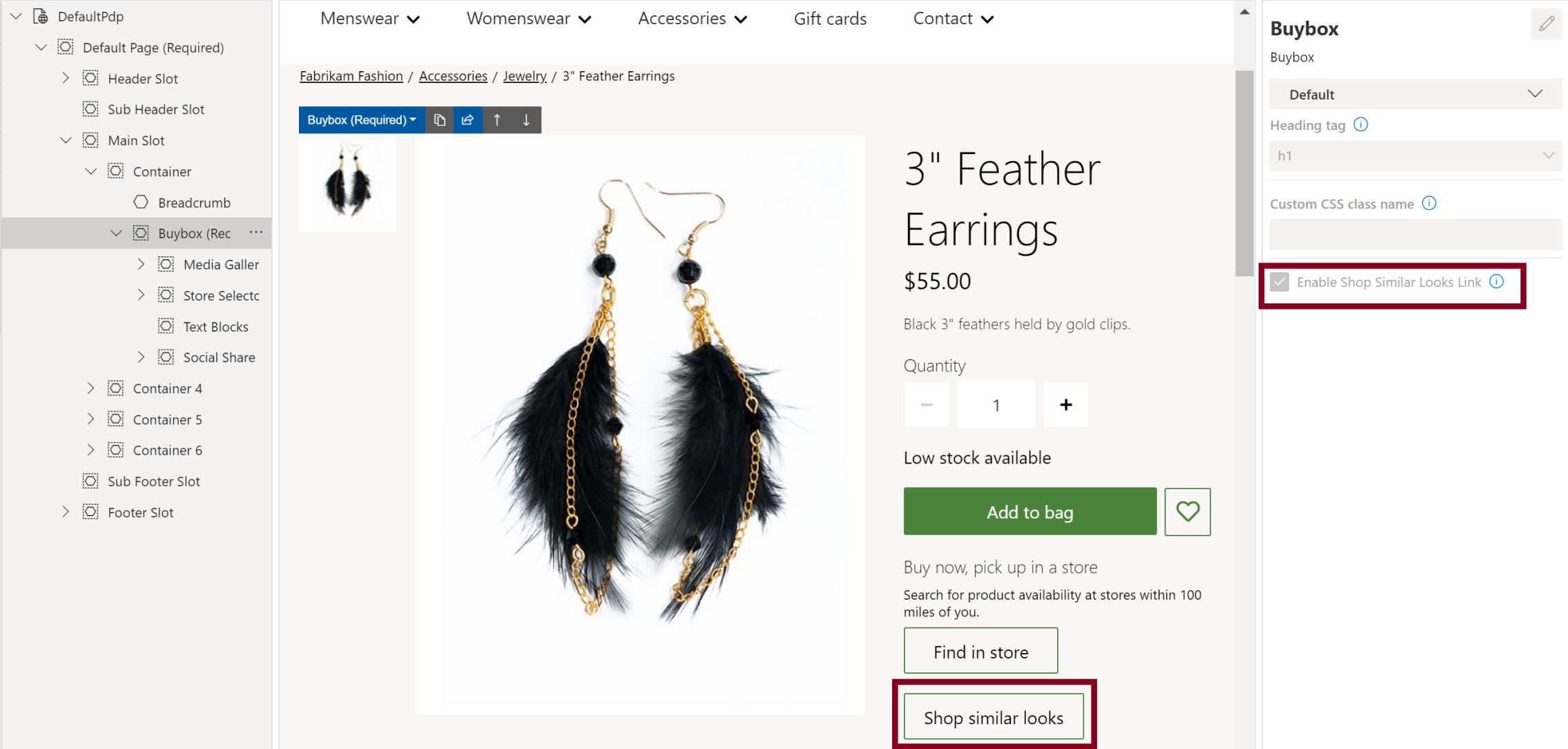 Enable Shop Similar Looks Link check box and Shop similar looks button on a PDP in site builder.