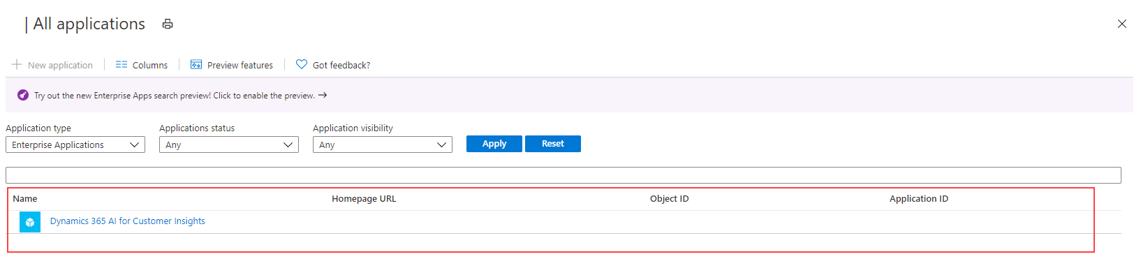 Screenshot showing an existing service principal.