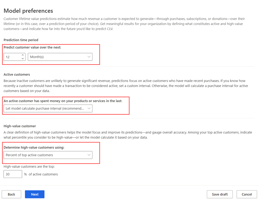 Preferences step in the guided experience for the CLV model.