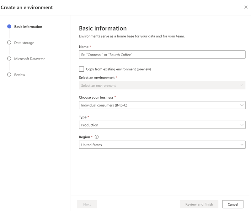 Screenshot of the settings options in the environment settings.