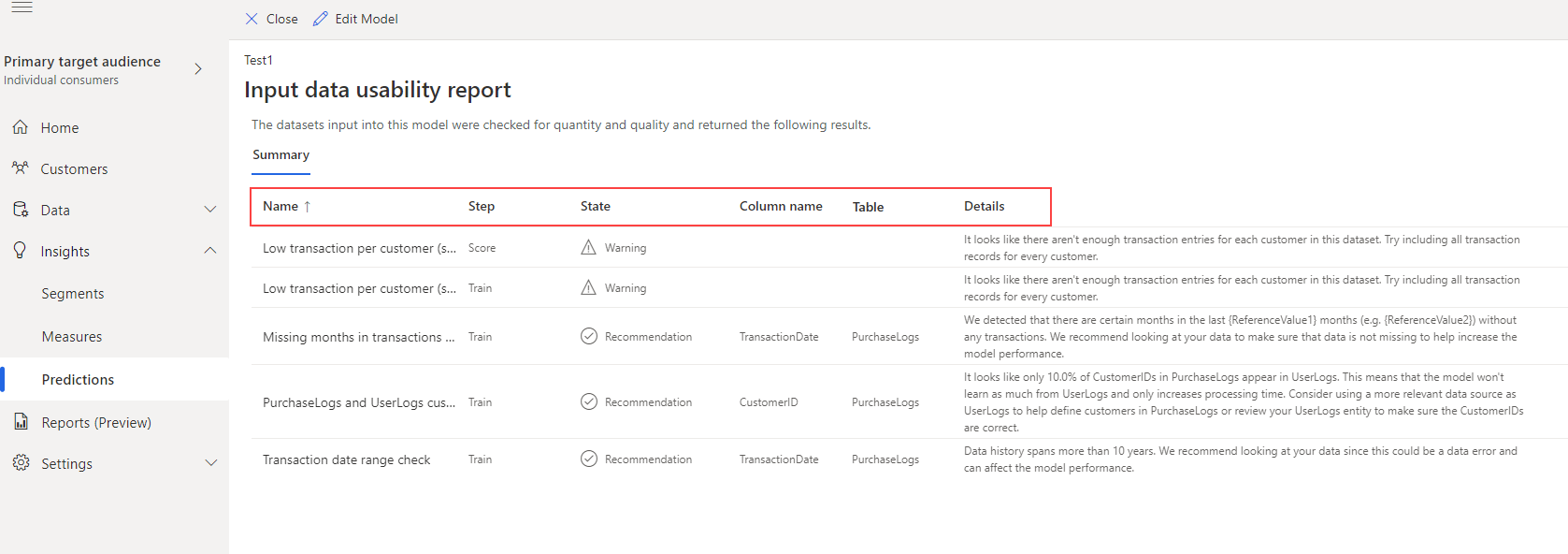 Example of an input data usability report showing a table with errors, warnings, and recommendations.