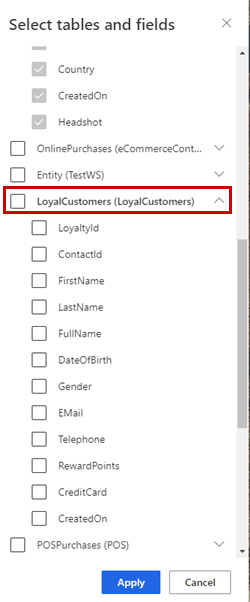 Screenshot of Select tables and columns dialog box with table checkbox cleared