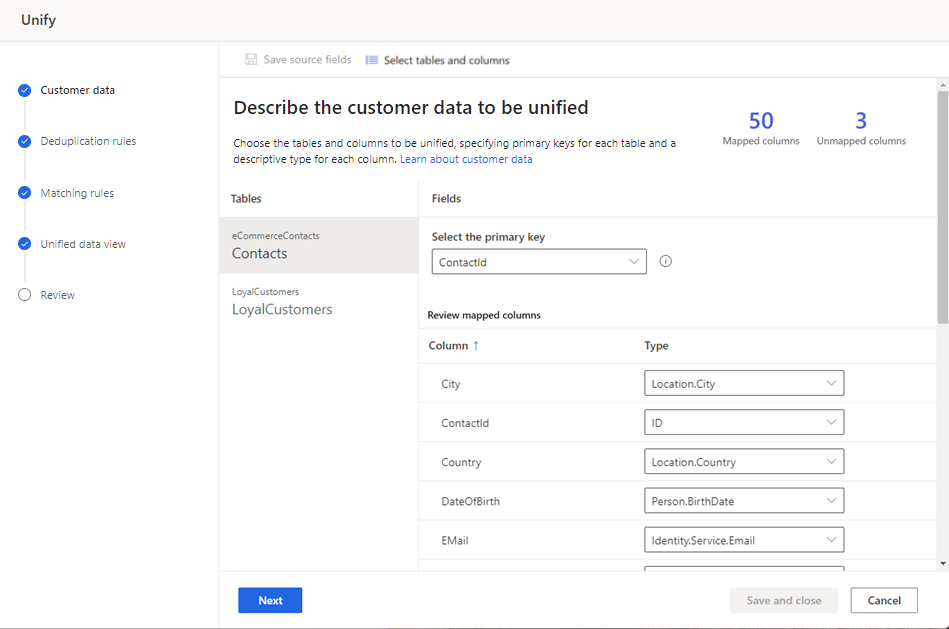 Screenshot of Customer data page showing number of primary keys, mapped and unmapped fields