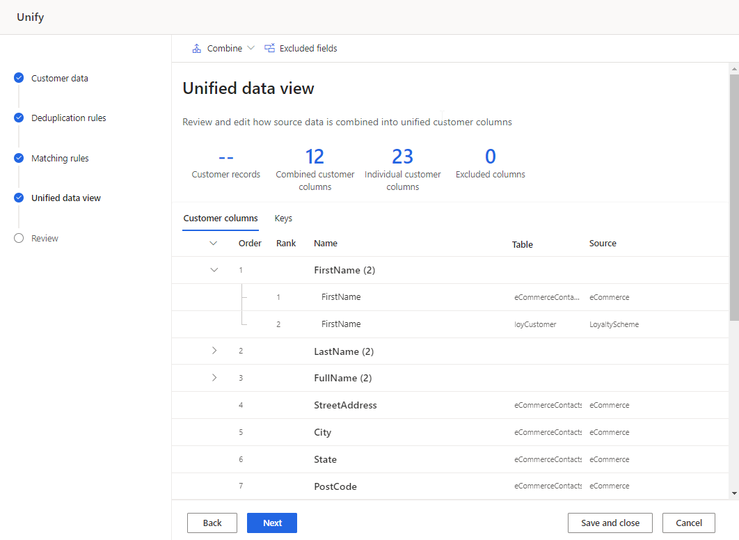 Unify customer fields page in the data unification process showing table with merged fields that define the unified customer profile.