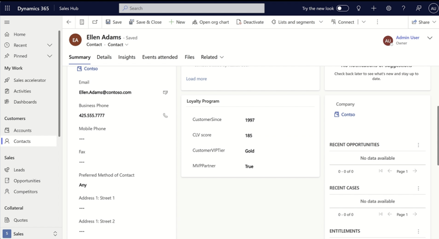 Dynamics 365 Sales user interface with loyalty data from Customer Insights.