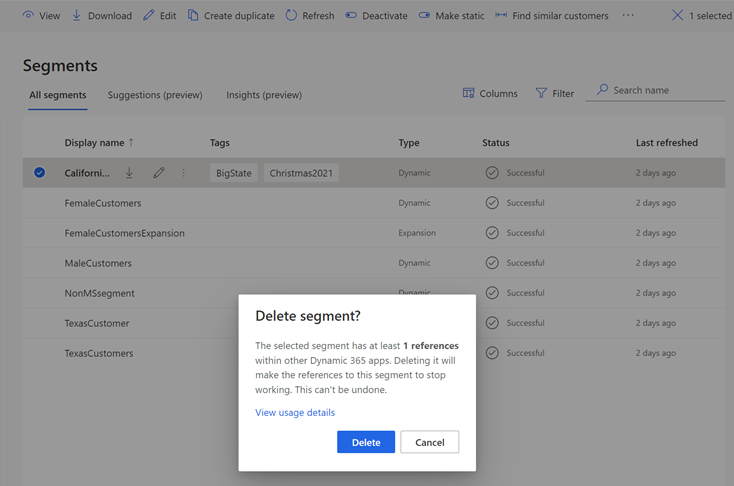 Dialog box to confirm segment deletion when a segment is used in a Dataverse application.