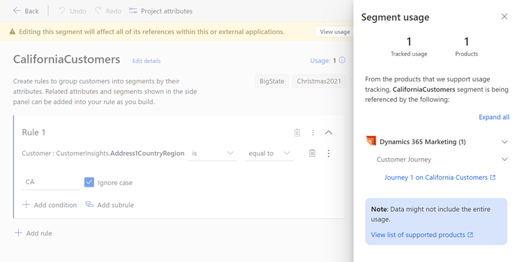 Side pane with details of the segment usage in the segment builder.