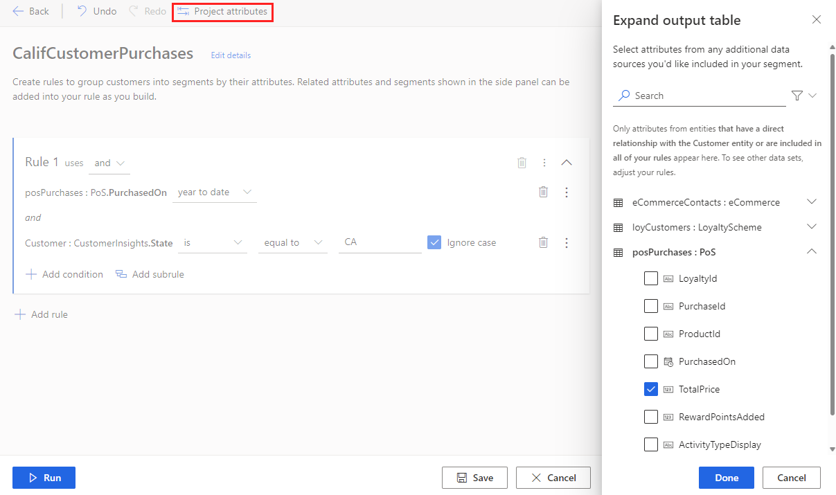 Example of projected attributes selected in the side pane to be added to the output table.