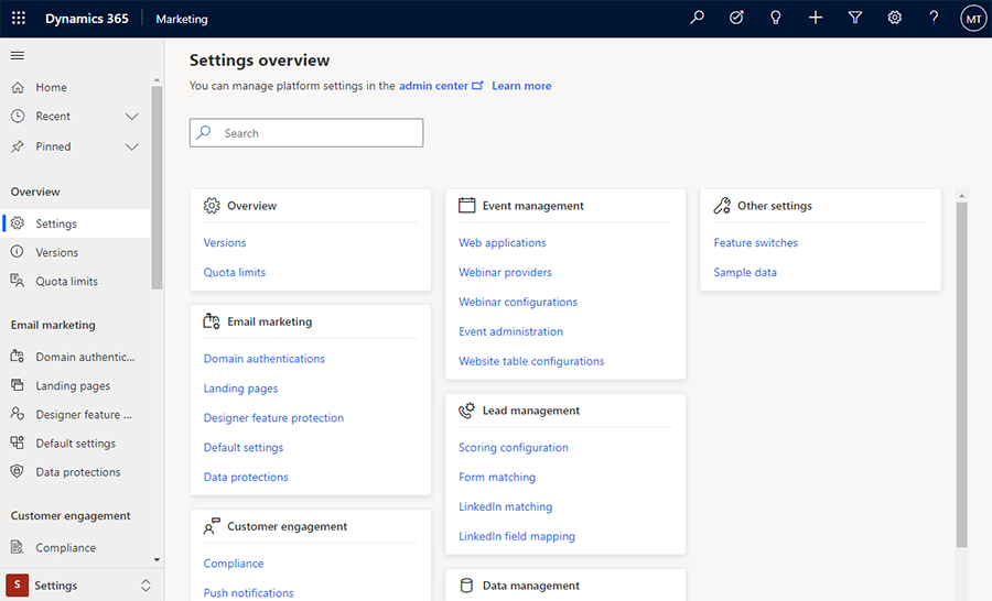 The settings overview.