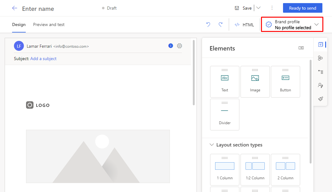 Select a brand profile in the Customer Insights - Journeys email designer.