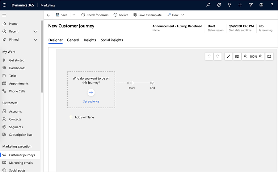 Customer journey select audience screen.