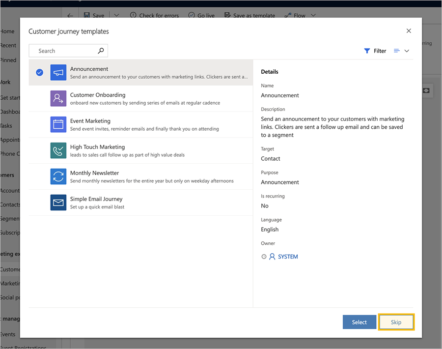 Customer journey templates screen.