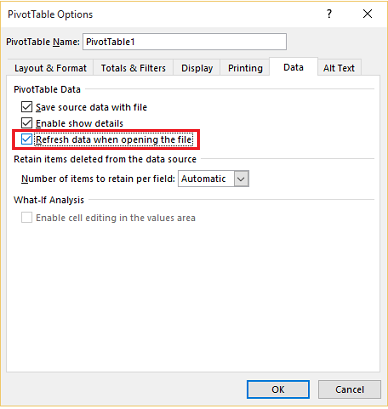 Pivot table options in Excel.