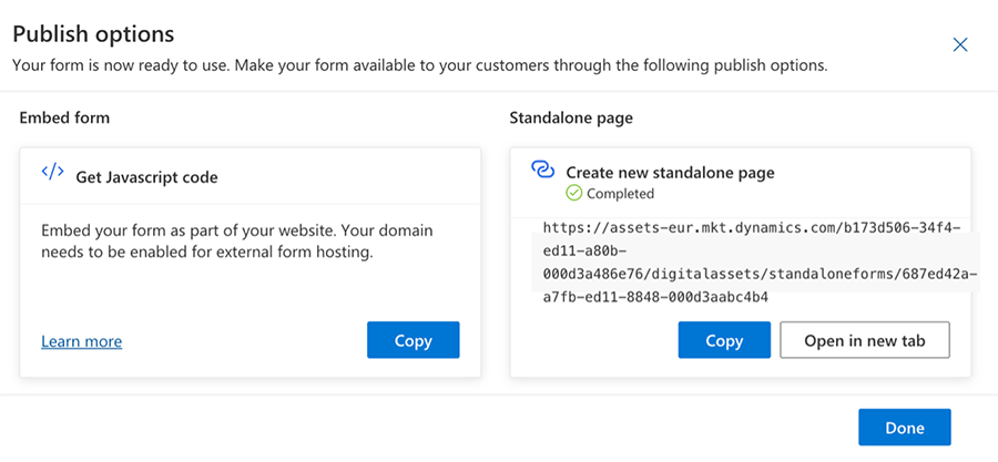 Publish options for forms.