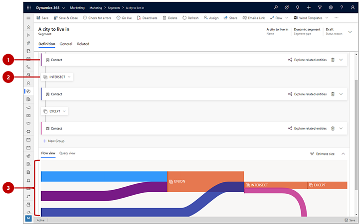 Segment designer UI elements for combining query blocks.