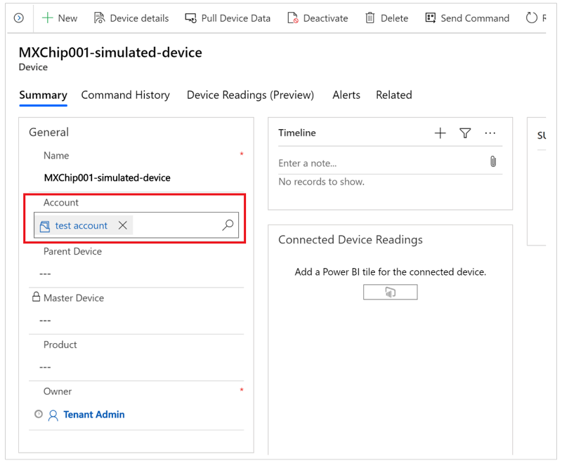 Screenshot of the account field on the device detail page in Connected Customer Service.