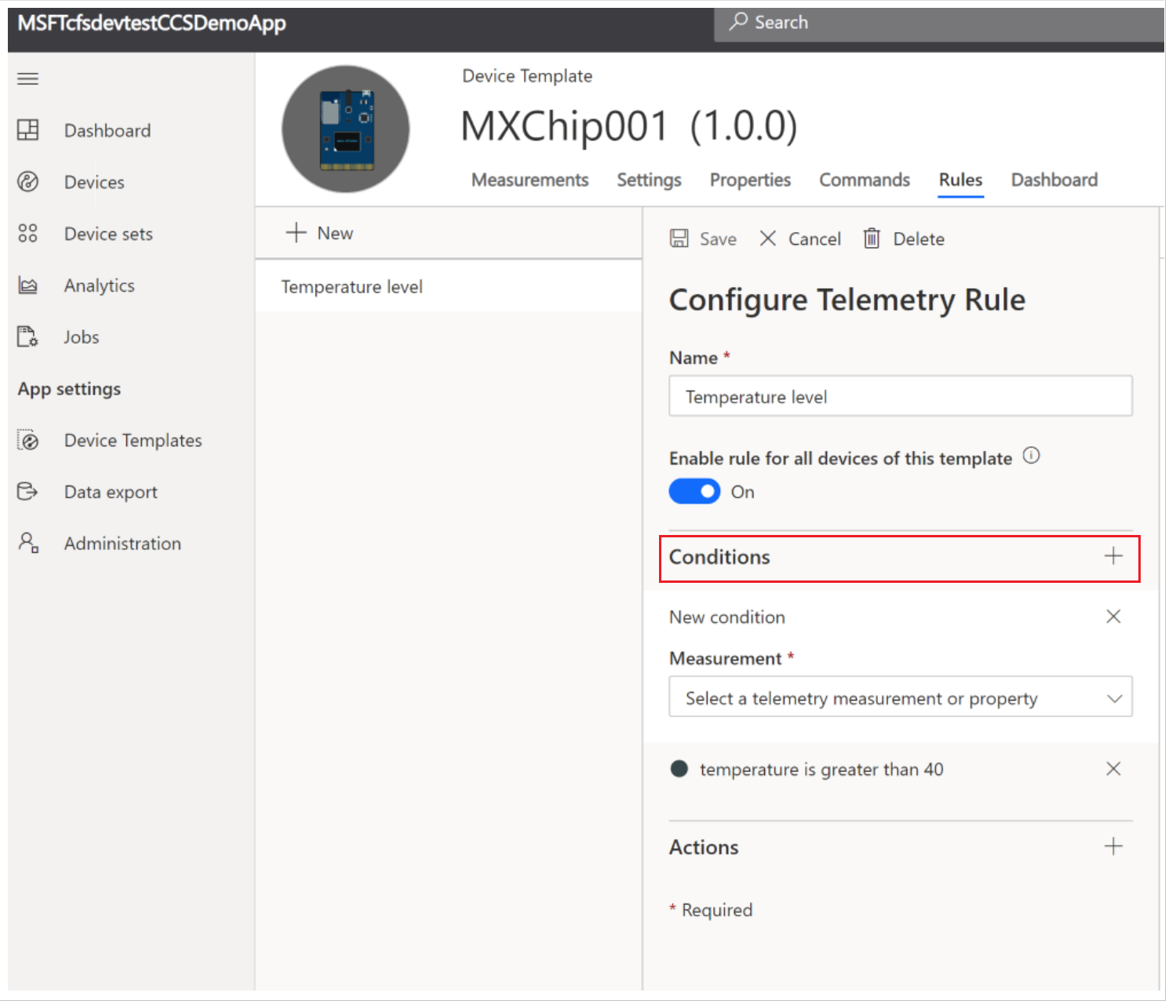 Screenshot of the conditions option in IoT Central.