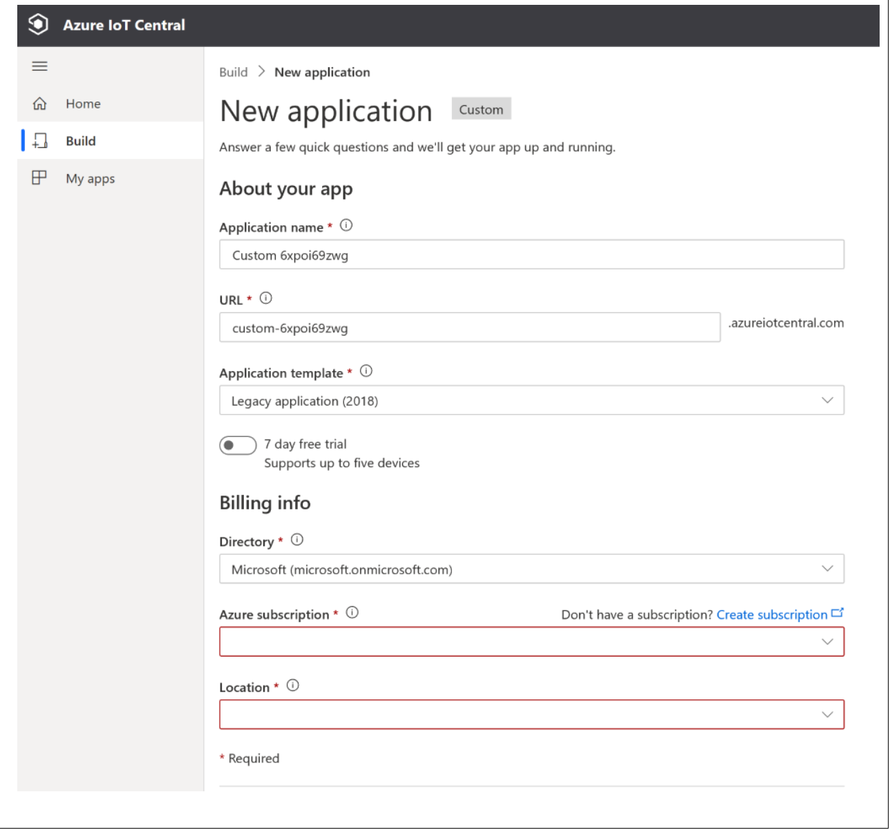 Azure IoT Central new application dialog.