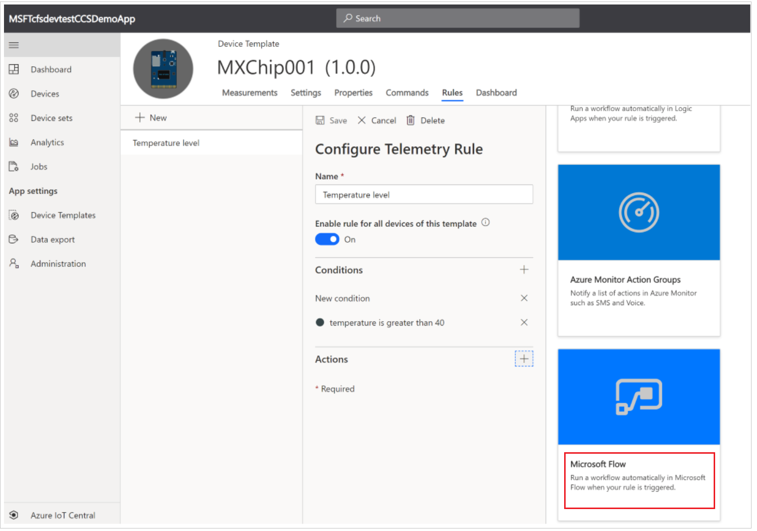 Screenshot of the Microsoft Flow option in IoT Central.