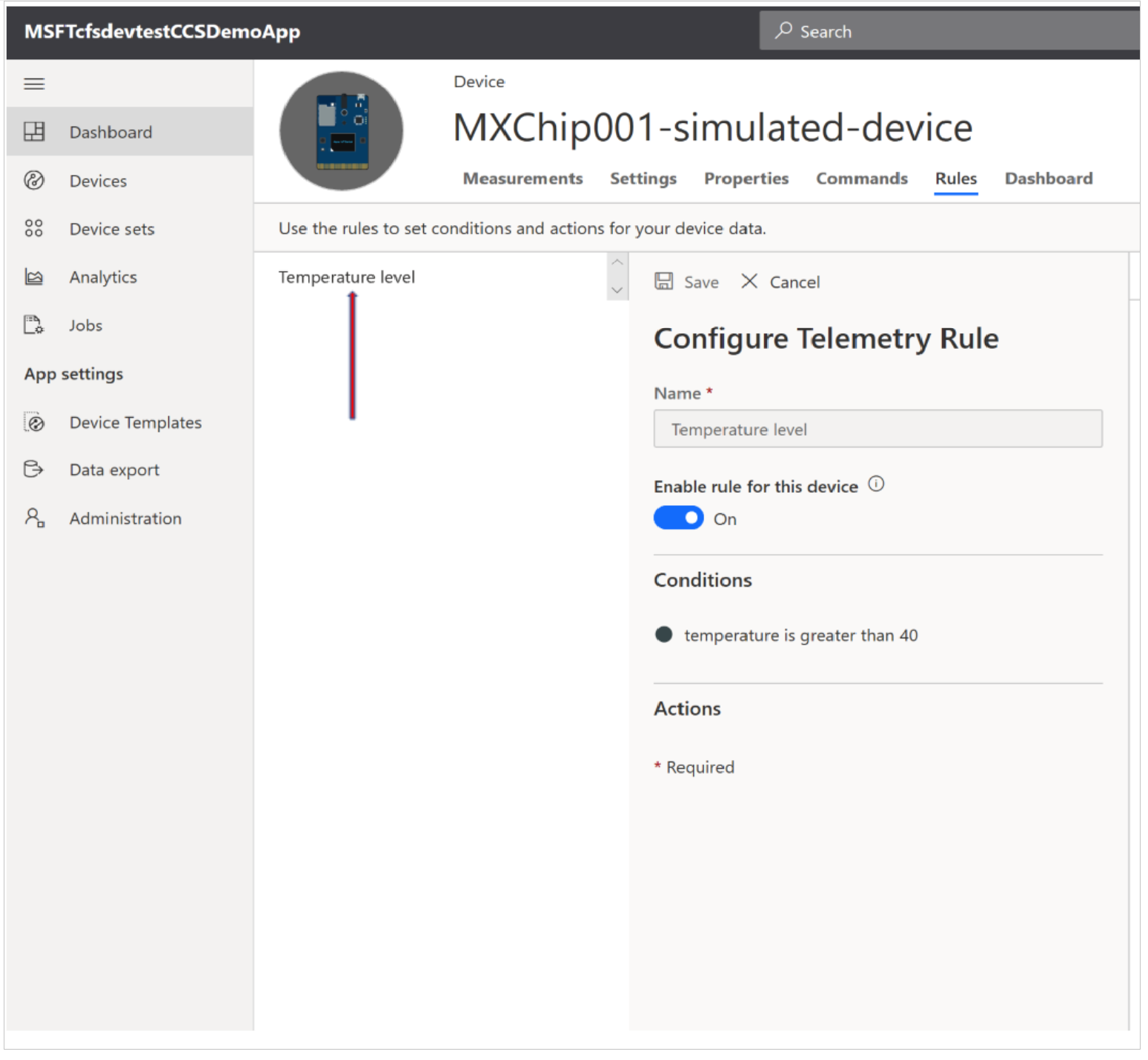 Screenshot of the rules tab in IoT Central.