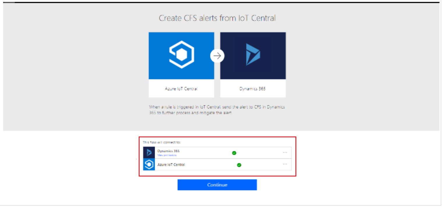 Screenshot of the Power Automate template page with prompt to sign in to both IoT Central and Dynamics 365 accounts.