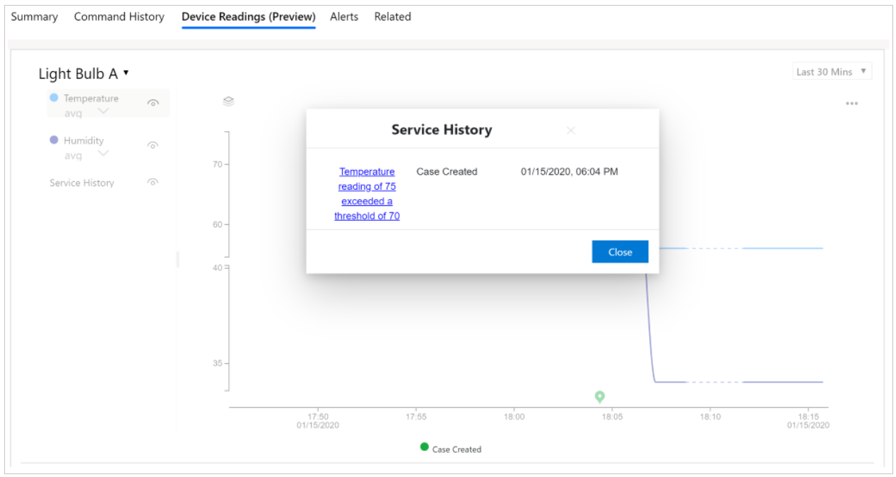 Screenshot of device readings chart showing service history.