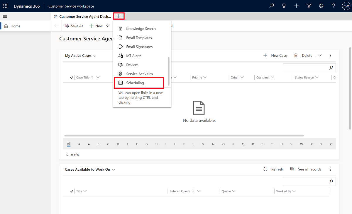 Access scheduling from Customer Service workspace