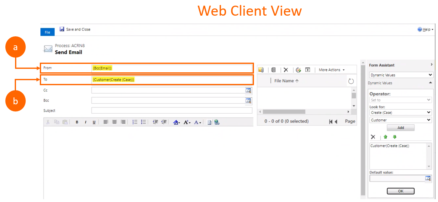 Screenshot of the premigration web client view where a workflow has two activity party-type attributes, From and To.