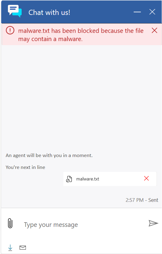 Screenshot of message that appears when customers upload malicious files using chat.
