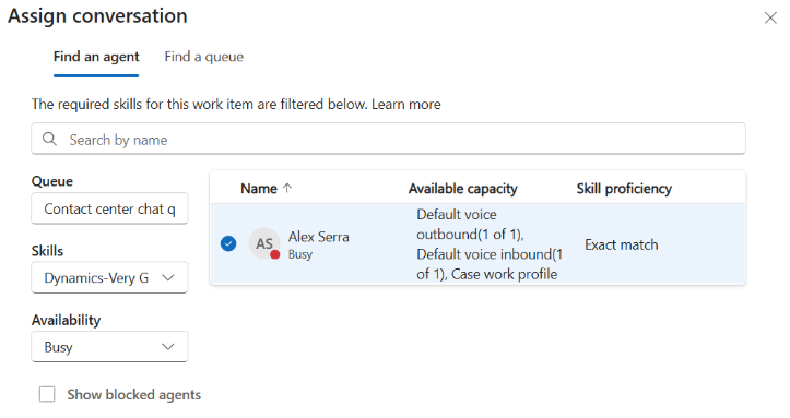 Screenshot of assign conversation dialog, find an agent option