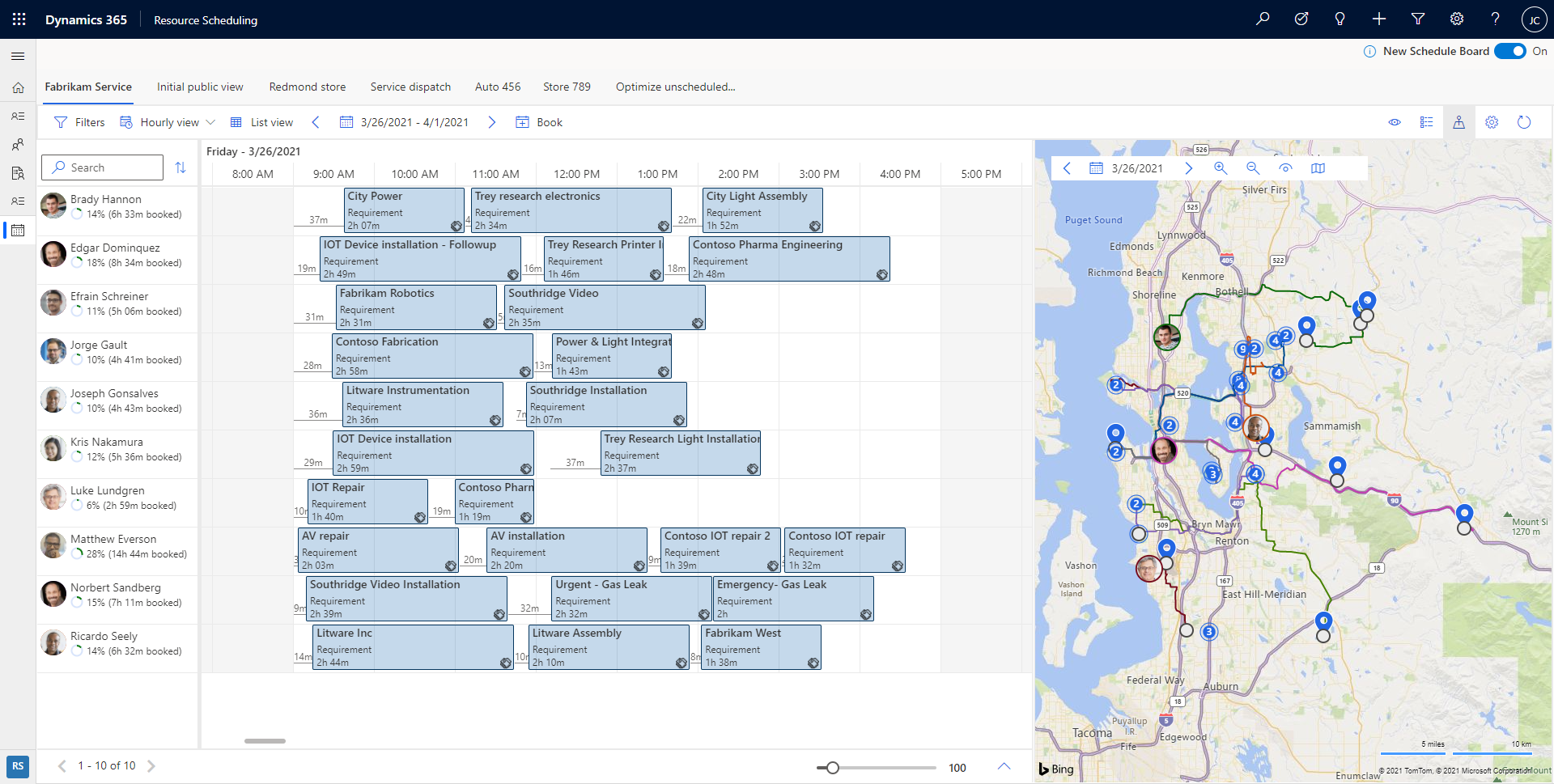 Screenshot of the schedule board with map view.