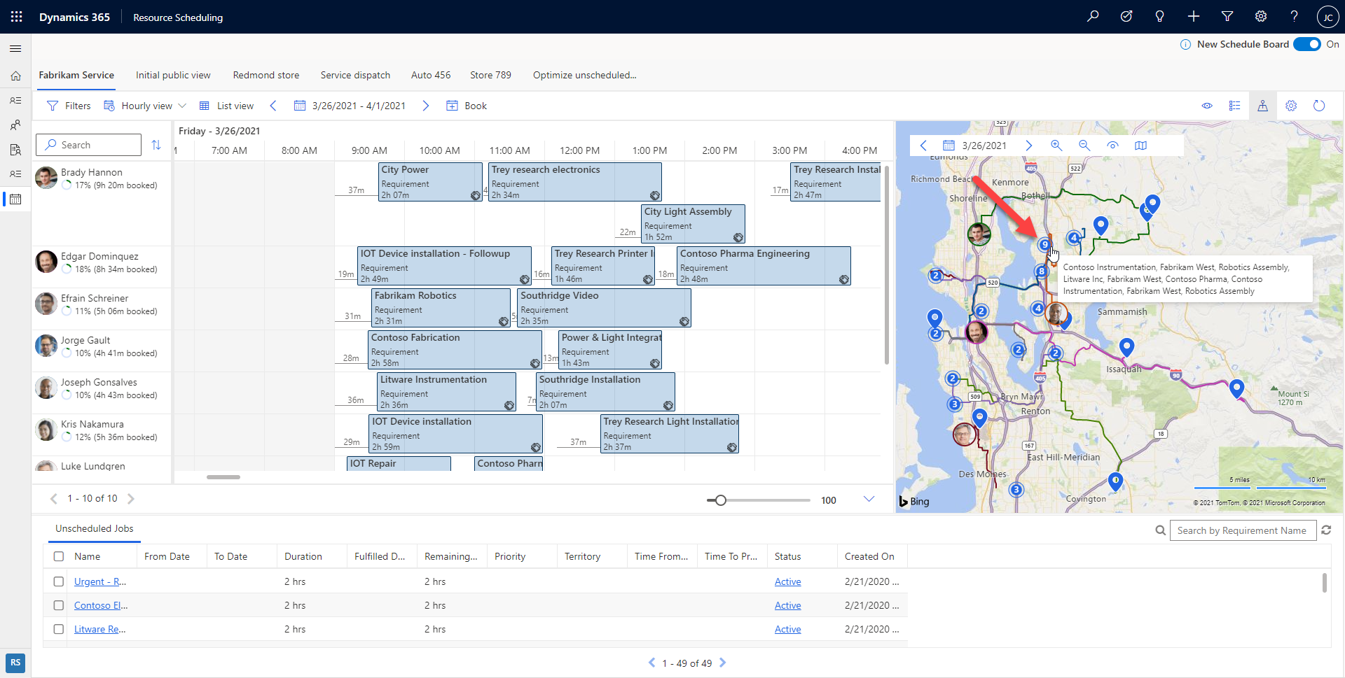 Screenshot of the schedule board with the grouping of the requirement pins.