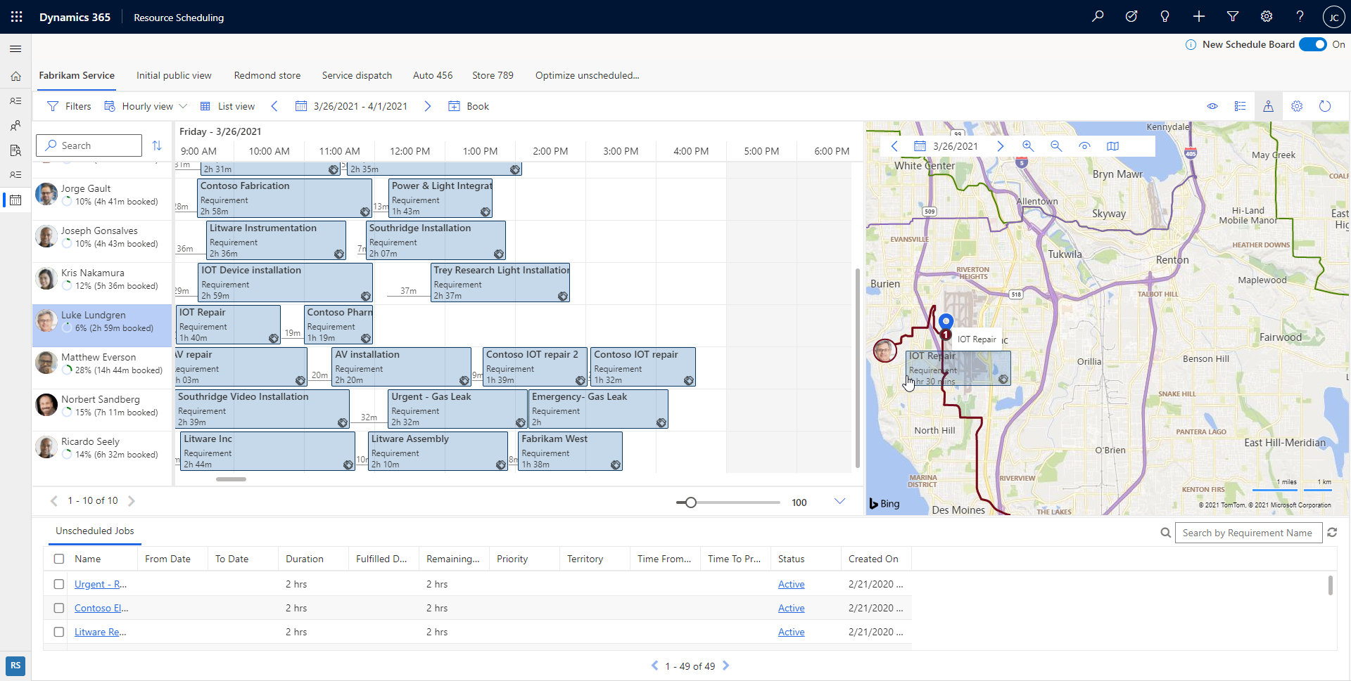 Screenshot of the schedule board, showing how to drag the requirement pin.