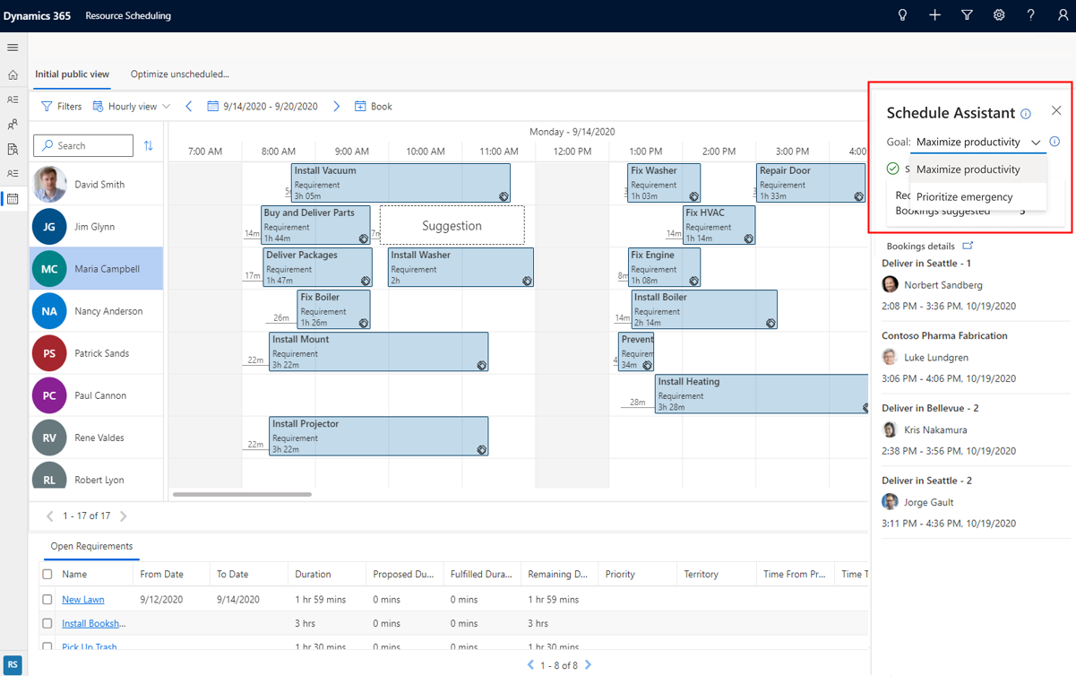 Screenshot of the schedule assistant showing optimization goals on the schedule board.