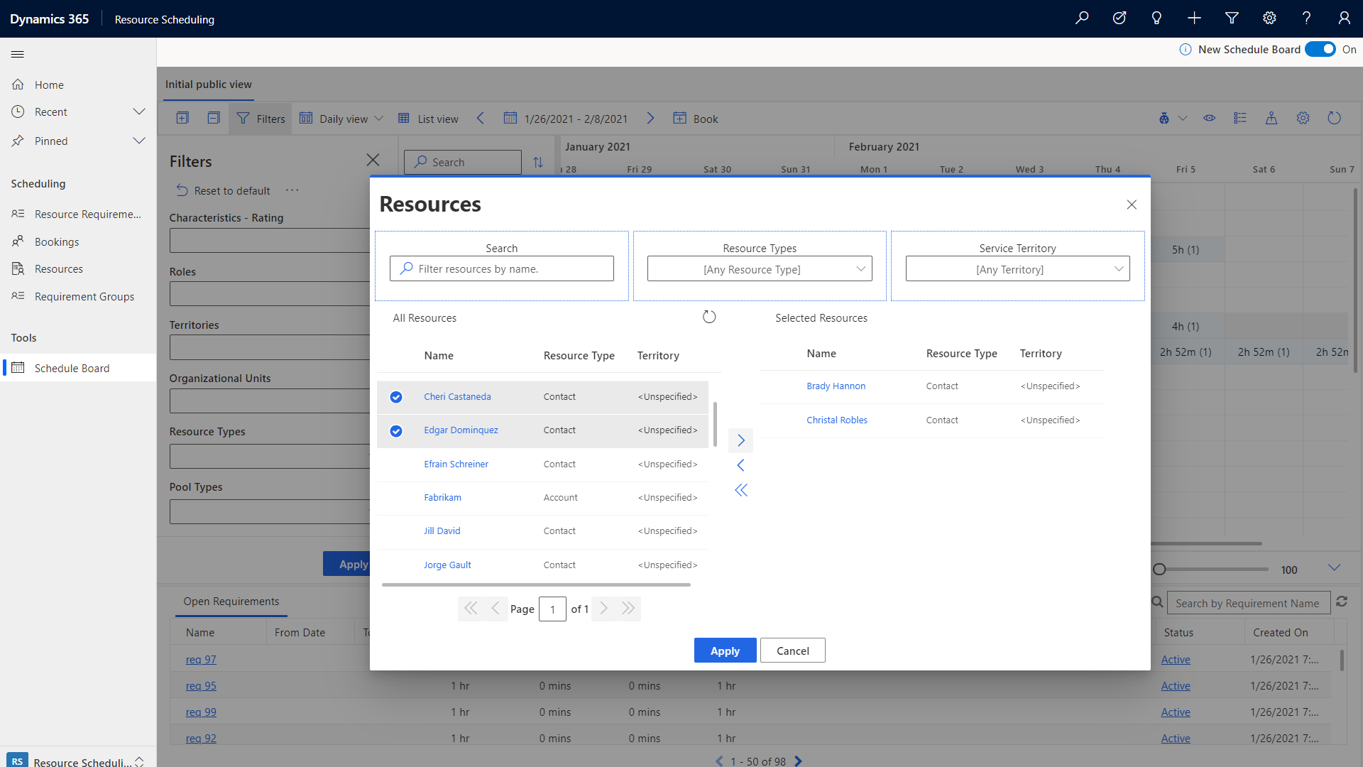 Screenshot of the resources dialog on the schedule board in Customer Service.