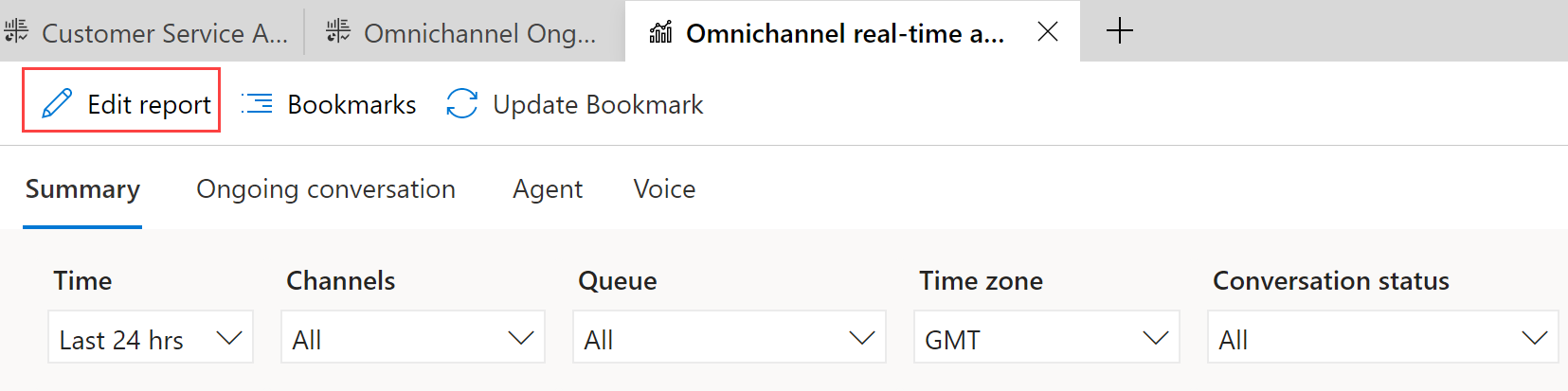 Screenshot of the Omnichannel real-time analytics report page, with Edit report highlighted.