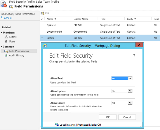 Edit Field Security form.