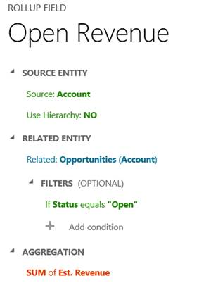 Aggregate the estimated revenue for a Dynamics 365 for Customer Engagement account.