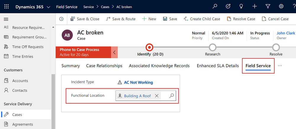 Screenshot of the Field Service tab kn a case.