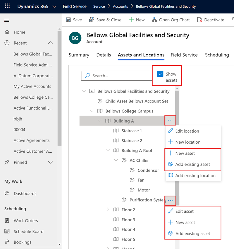 Screenshot of options for adding a new or existing asset to a functional location.