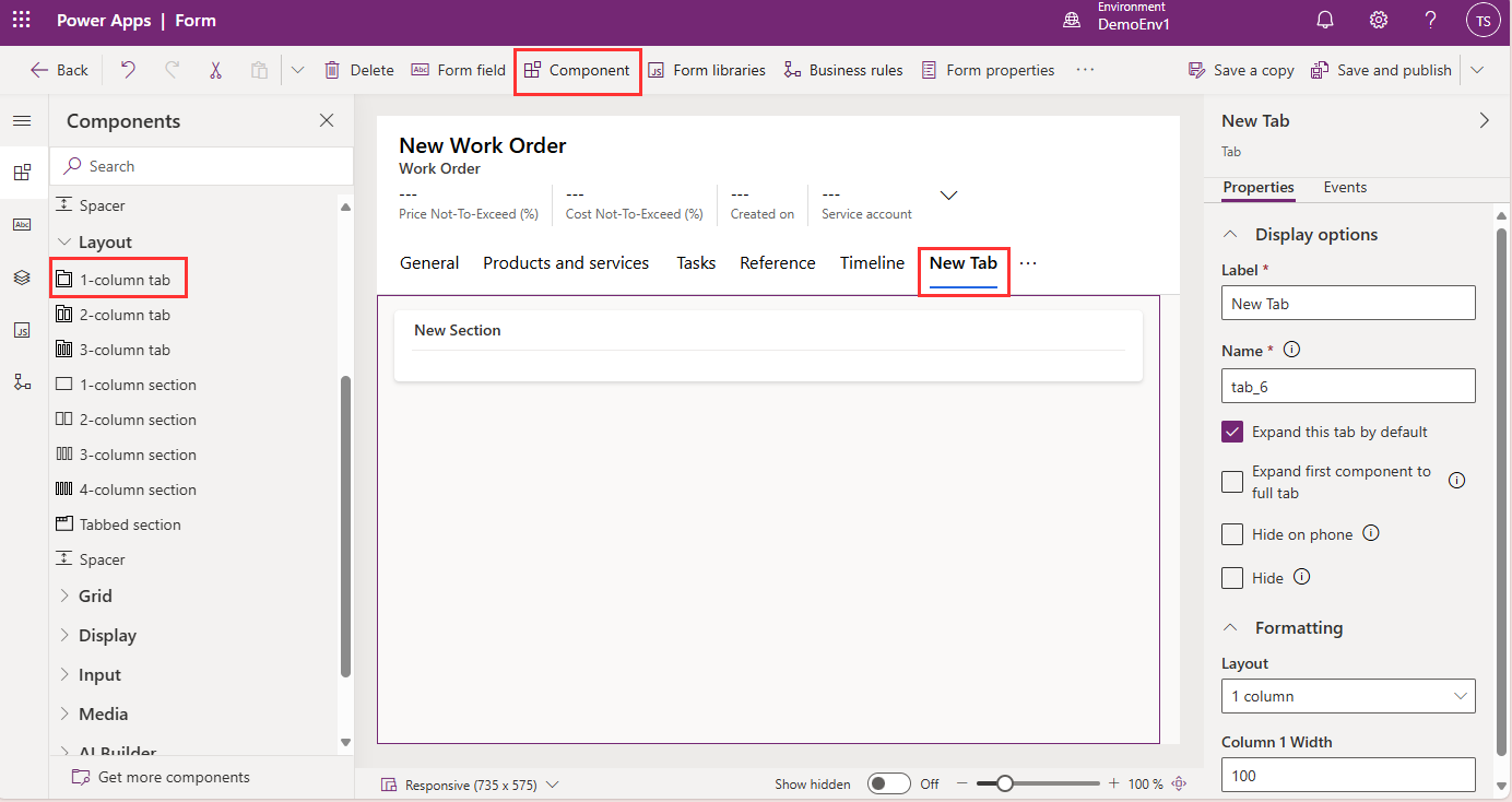 Screenshot showing a new one-column tab added to the work order form in Power Apps.