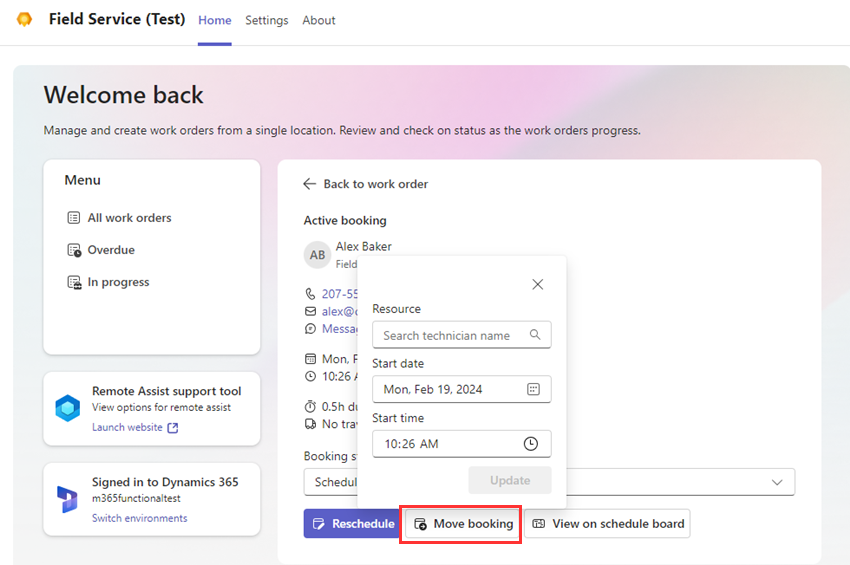 Screenshot of Field Service Teams with Move booking highlighted